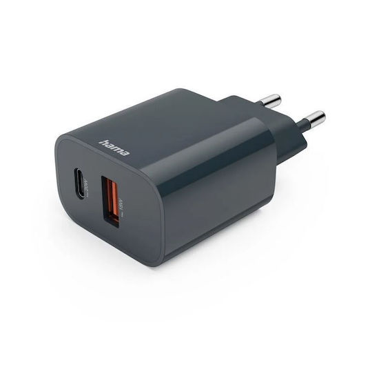 HAMA Wireless Charger with USB-A and USB-C Ports 20W Power Delivery Gray