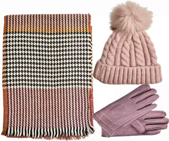 Frauen Set mit Beanie Gestrickt in Beige Farbe