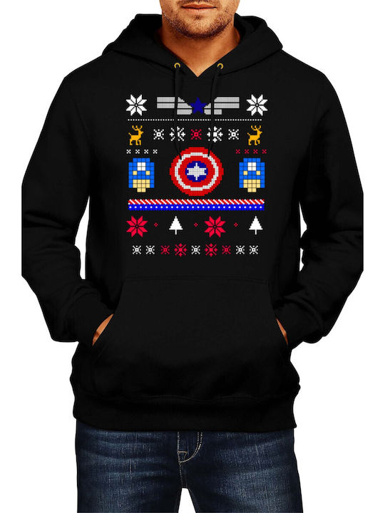 Мъжки коледен суитшърт с качулка Tralala Captain America в черно