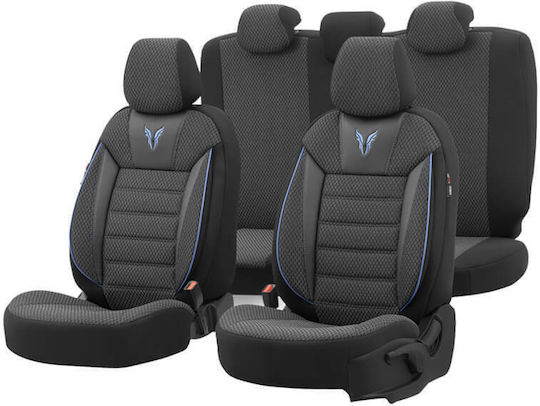 Otom Toro Design Universal Car Seat Covers Cotton Fabric Leatherette Set Front Rear 11 Pieces Black Blue Tro-903
