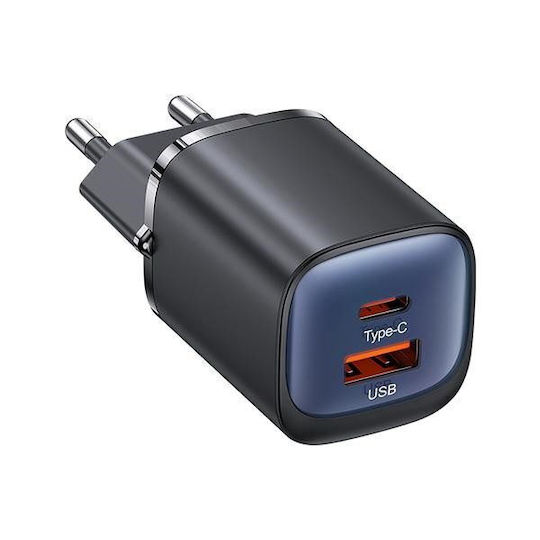 Usams Charger Without Cable GaN with USB-A Port and USB-C Port 30W Power Delivery / Quick Charge 3.0 Blacks (CC254)