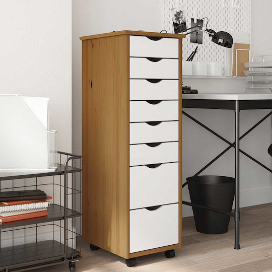 Vidaxl Ντουλάπι Κυλιόμενο Συρτάρια Moss Μελί Καφέ Μασίφ Ξύλο Πεύκου 34x39x103cm 1 Τεμ Καφέ