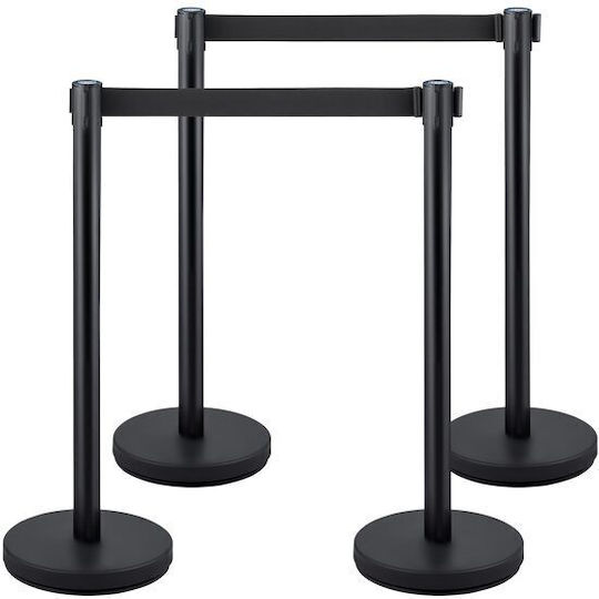 Set 4 Delimiting Posts Retractable Band In 4 Directions Stainless Steel Black Height 90 Cm Heavy Duty