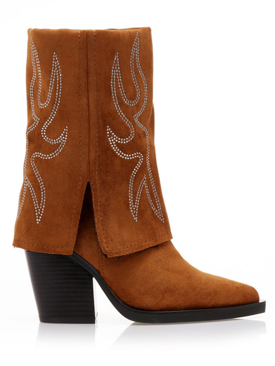 Camel Wildleder Cowboy-Stiefeletten mit umklappbarem Riemen und Strass-Design
