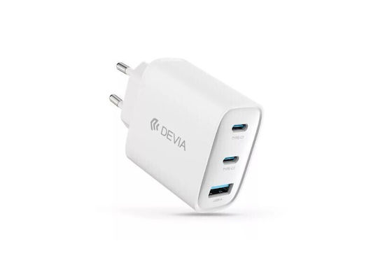 Devia Charger Without Cable GaN with USB-A Port and 2 USB-C Ports 65W Power Delivery Whites (Extreme Speed Series)