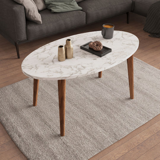 Oval Central Coffee Table Vital Wooden White Marble - Walnut W90xD50xH42cm
