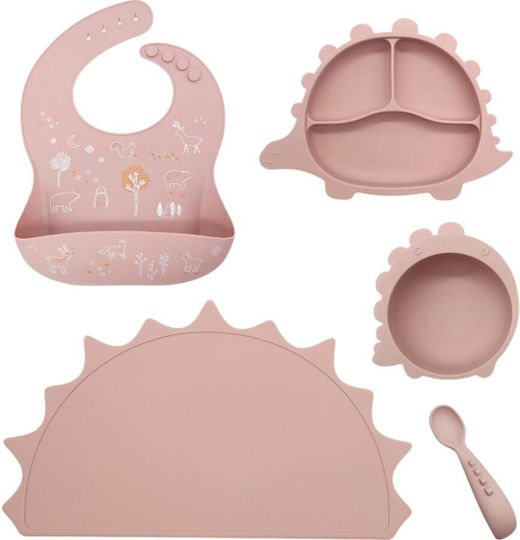 Queen Mother Dinosaur In Jungle Silicone Feeding Set with Anti-Slip Base Pink 5 Pieces for 6+ Months
