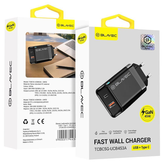 Blavec Ladegerät ohne Kabel GaN mit USB-A Anschluss und USB-C Anschluss 45W Stromlieferung Schwarzs (TCBC5G-UCB453A)