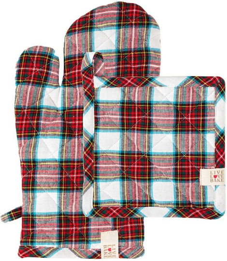 Amo La Casa Set Oven Mitt & Pot Holder Cotton Checkered Tartan White Red