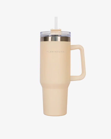 Flamingueo Handled Tumbler Θερμός Ανοξείδωτο 1.18lt Μπεζ με Καλαμάκι και Λαβή