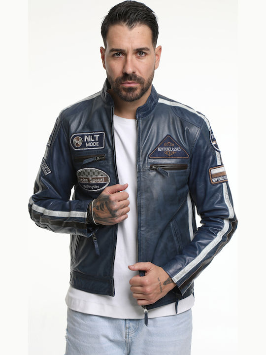 Newton Leather Biker Leather Jacket Dark Blue
