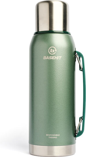 Basehit Recyclable Bottle Thermos Stainless Steel BPA Free 1lt Green with Cap-Cup and Handle