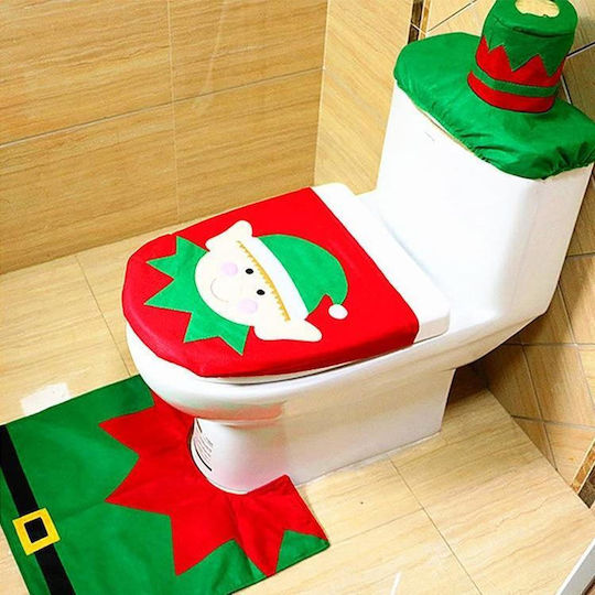 Fancy Χριστουγεννιάτικη Διακόσμηση Happy Santa Elf Toilet Seat Cover Rug Bathroom Set
