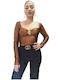 Women's Crop Top Long Sleeve Red and Brown