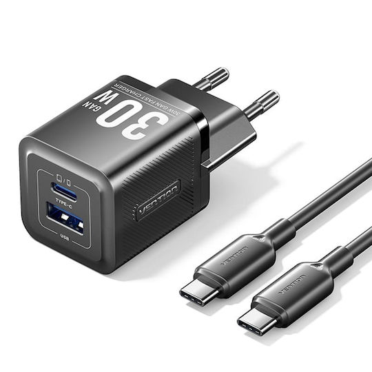 Vention Vention GaN Charger with USB-A and USB-C Ports and USB-C - USB-C Power Delivery Cable Black
