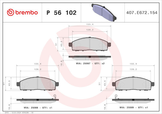 Brembo Front Brake Pads Set Nissan Nv200/evalia 1.5d/1.6 02.10 Width 155mm Height 51mm Thickness 17mm Wear Sensors 2