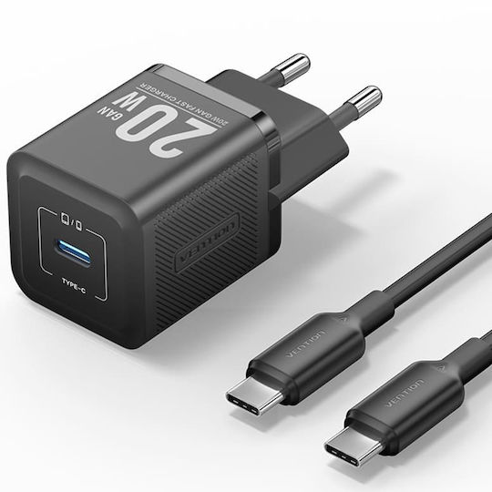 Vention Φορτιστής GaN με Θύρα USB-C και Καλώδιο USB-C - USB-C 20W Quick Charge 3.0 Μαύρος (TZ-FEPB0-EU-01)