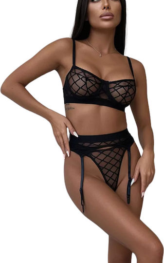 Chicret Sexy Σετ Εσωρούχων με Διαφάνεια & Ζαρτιέρες Μαύρο 3τμχ