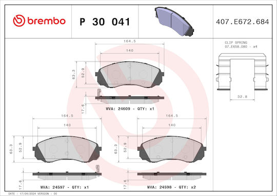 Brembo Disc Brake Pads Set Hyundai H-1 Cargo Travel Kia Carnival 2.2d 2.9d Front 63.0mm Height 165.0mm Width 18.0mm Thickness