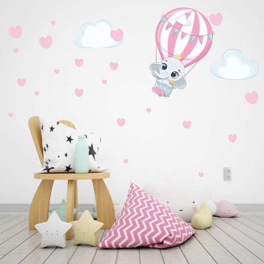 Wall Sticker Little Elephant Hot Air Balloon + Set of Hearts Clouds 50cm X 34cm