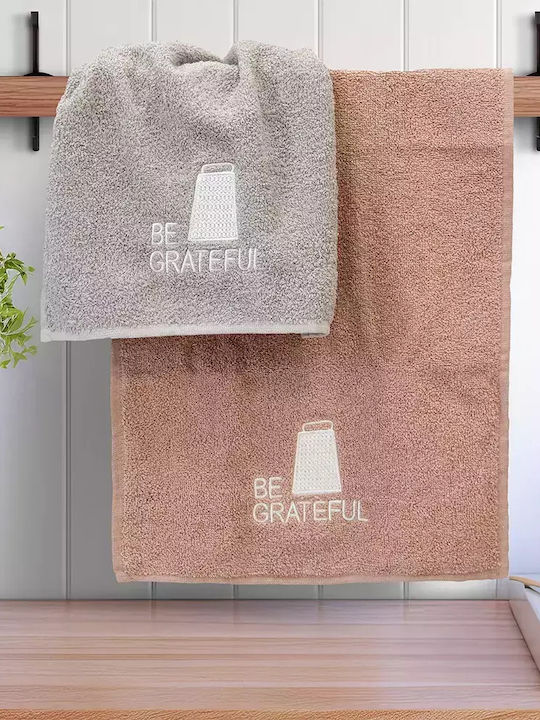 Lino Home Σετ Πετσέτες Μπάνιου 2τμχ Be Grateful Pink-grey Βάρους 500gr/m²