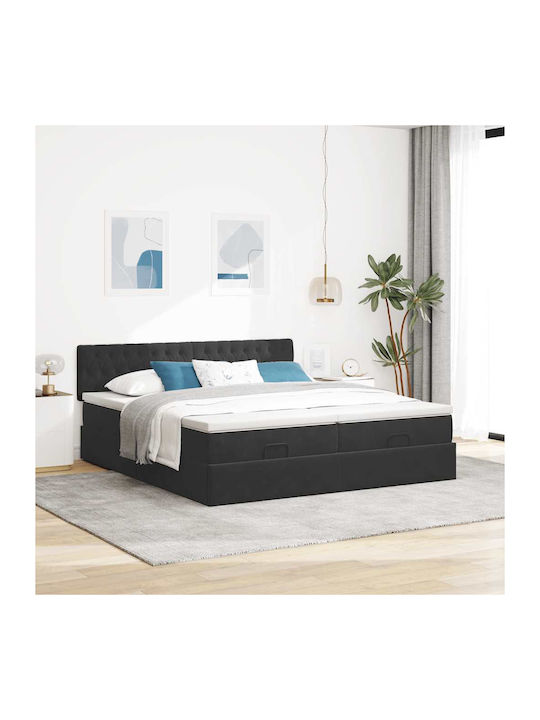 King Size Upholstered Fabric Bed Black with Sto...