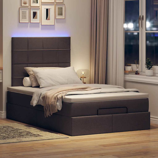 Pat King Size Îmbrăcat cu Material Maro Închis cu Plăci și Saltea 190x190cm