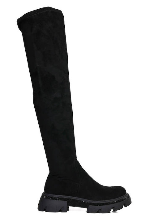 Black Over Knee Boots with Lug Sole