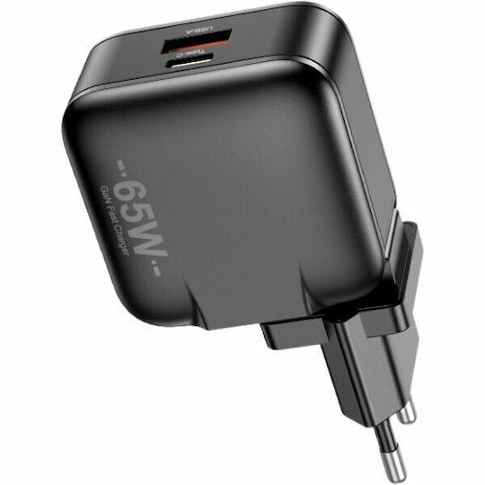Awei Charger Without Cable GaN with USB-A Port and USB-C Port 65W Quick Charge 3.0 Blacks (PD55)