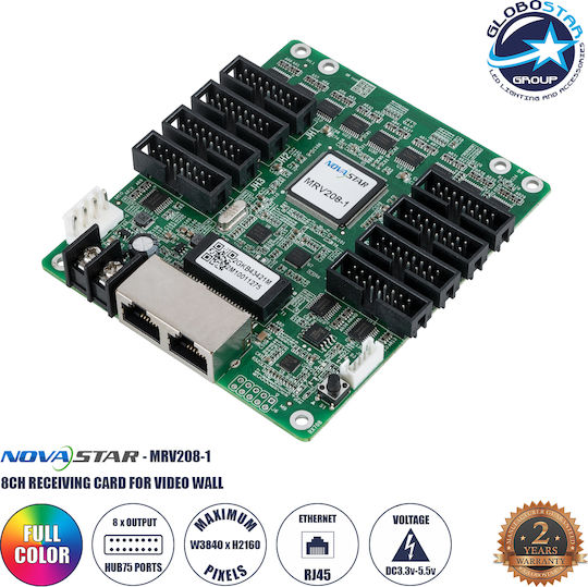 Globostar Novastar Mrv208-1 41021 Spare Part Professional LED Receiving Card 8 X Hub75e Channel Card LED Video Wall Display Loading Capacity In Pixels W256 X H256 Gigabit Network Linkable DC 3.3~5.5V IP20 M9.5 X W10.9 X H1.8cm 2