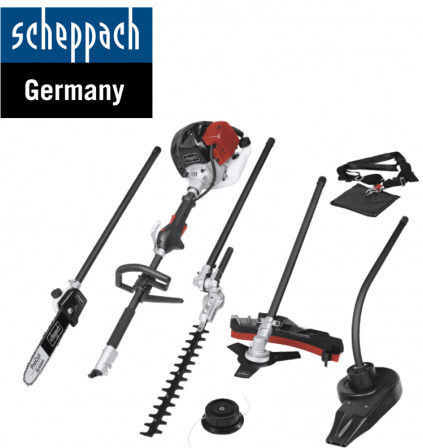 Scheppach MTC42-5P Garten-Multifunktionswerkzeug Benzin 5 in 1: Kettensäge Rasenmäher Heckenscherenaufsatz Luftgebläse Verlängerung