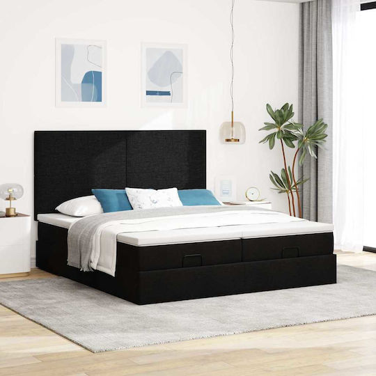 Double Bed Upholstered with Fabric Black with Slats and Mattress 160x200cm