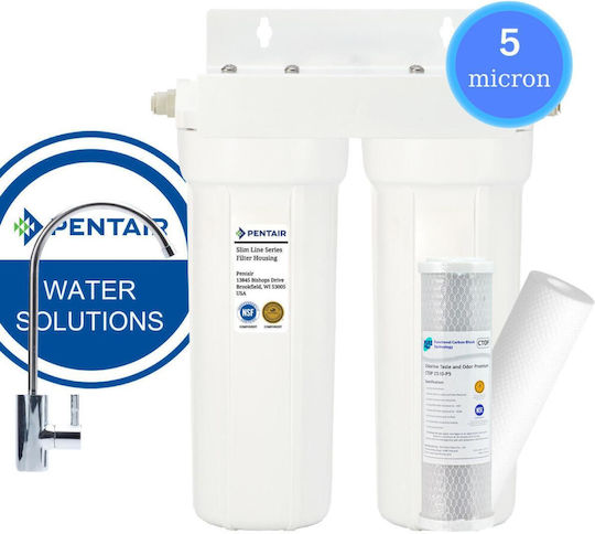 Pentair Double Under Sink Water Filter 10" Pentair 2G Slimline White with Replacement Polypropylene 5μm and Activated Carbon Pure CTOP 2510-05 5μm