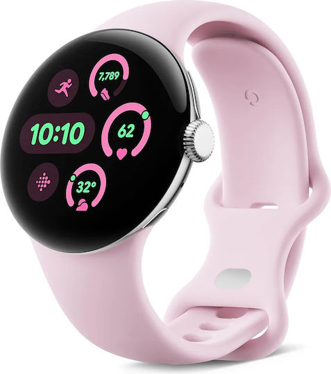 Google Pixel Watch 3 LTE Aluminium 41mm Waterproof with Heart Rate Monitor (Polished Silver Aluminum Case / Rose Quartz Active Band)