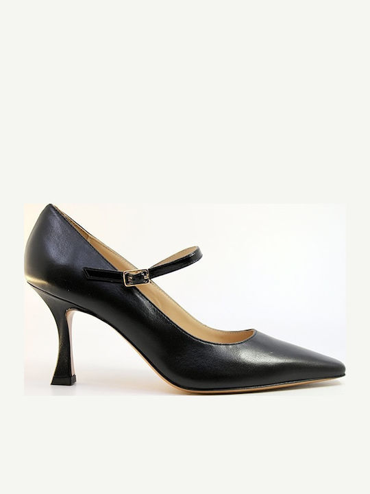 Leather Black High Heels with Strap