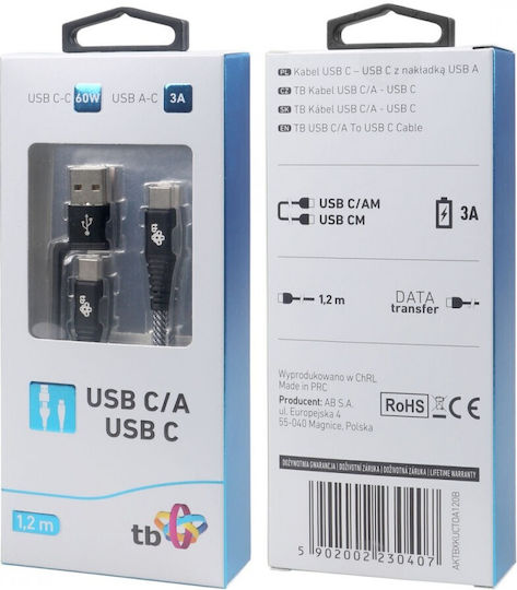 Tb Energy Regular USB 2.0 Cablu USB-C bărbătesc - USB-A / USB-C Negru 1.2m