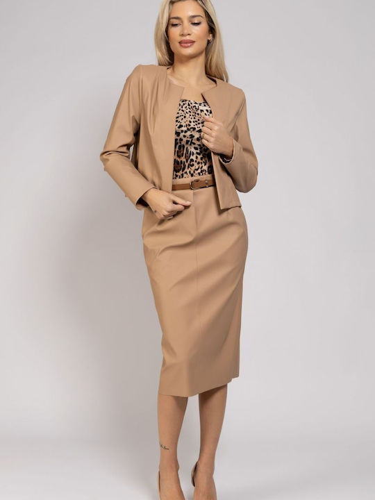 BelleFille Women's Leather Blazer Beige