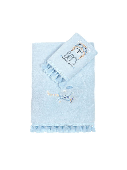 Nimahome Βρεφικές Παιδικές Πετσέτες Boy's World Σετ 30x50+70x140 Σιέλ