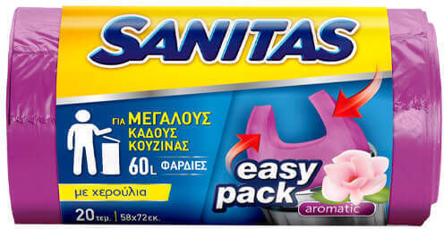 Sanitas Αρωματικές Σακούλες Απορριμάτων Χωρητικότητας 60lt Easy Pack 72x58cm 20τμχ Μωβ