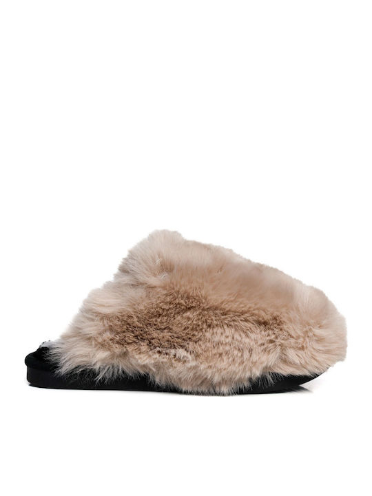 Beige flauschige Hausschuhe aus Fell