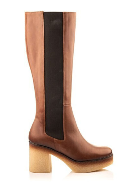 Leather High Heel Women's Boots with Rubber / Zipper Brown