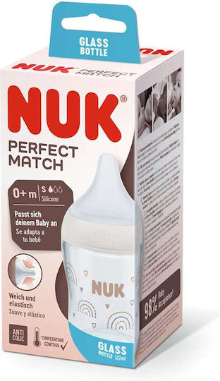 Nuk Glass Baby Bottle Perfect Match Anti-Colic with Silicone Nipple for 0+, 0+ m, months White 120ml