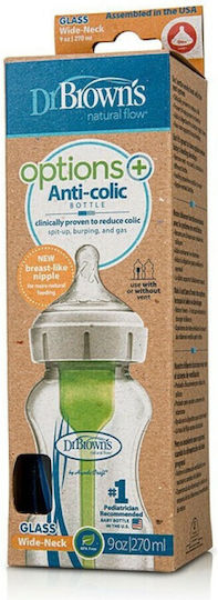 Dr. Brown's Glass Baby Bottle Options Anti-colic with Silicone Teat for 0+ Months Transparent 270ml