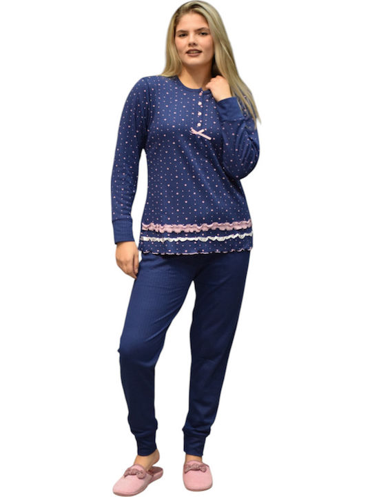 Caress Χειμερινό Γυναικείο Σετ Πιτζάμας Fleece Μπλε