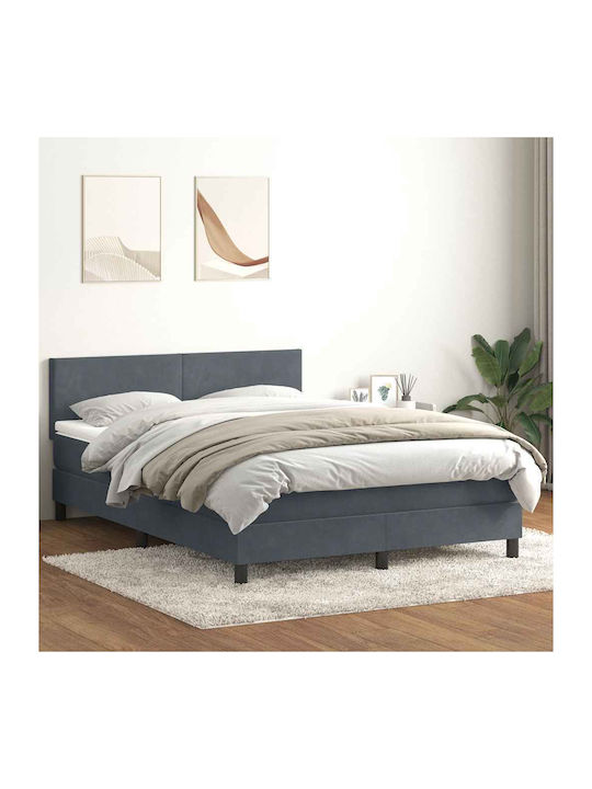 Double Bed Upholstered with Fabric Dark Grey with Slats & Mattress 160x210cm
