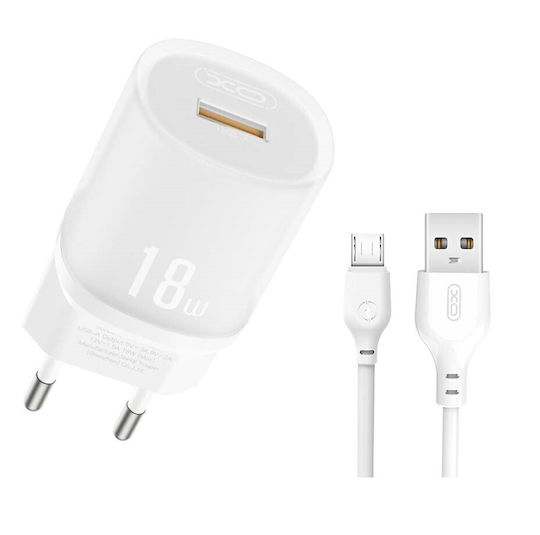 XO с USB-A порт и кабел micro USB 18W Quick Charge 3.0 Бял (L157)