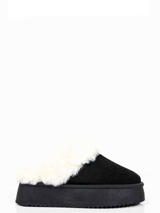 Winter Women's Slippers with Fur in Black Color UA2051-BLACK