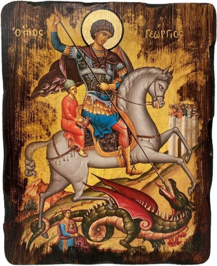 Heiliger Georg aus Tannenholz, handgefertigt, mit Goldblatt auf Heiligenschein, Maße 15 x 10 cm