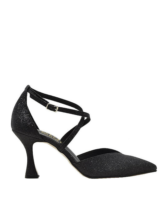 Ellen Black Glitter Heels with Strap