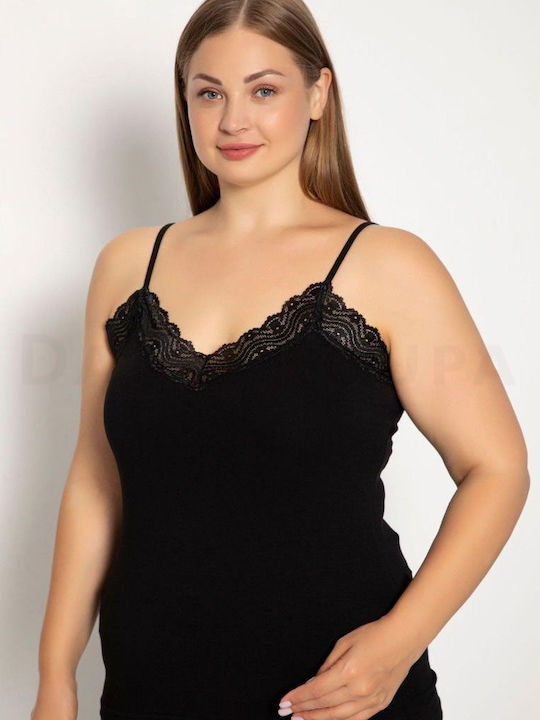 Plus Size Βαμβακερό Μαύρο Γυναικείο Φανελάκι με Τιράντα